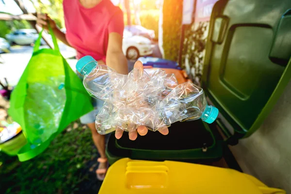 Young Beautiful Girl Throws Sorted Garbage Special Bins — Zdjęcie stockowe