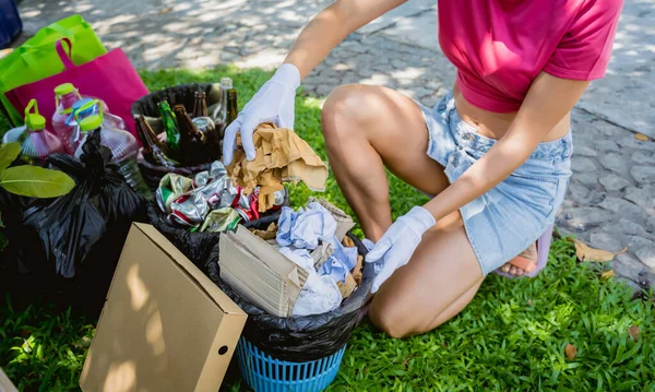 Young Beautiful Girl Sorts Garbage Special Bins — 스톡 사진