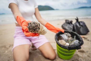 Kadın bir çevre bilimci plastikten ve diğer atıklardan sahil kenarını temizliyor..