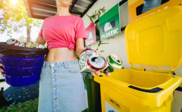 Young Beautiful Girl Throws Sorted Garbage Special Bins — Stockfoto
