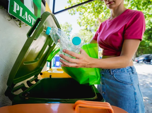 Young Beautiful Girl Throws Sorted Garbage Special Bins — Φωτογραφία Αρχείου