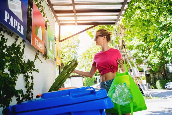 Young Beautiful Girl Throws Sorted Garbage Special Bins — 스톡 사진