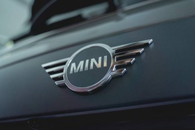 PHUKET, THAILAND - AUGUST 09, 2022: Cars logo of BMW MINI in showroom of dealership.