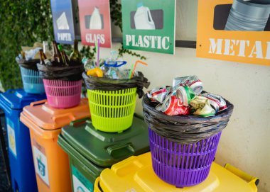 Plastik, kağıt, metal ve cam atıklarını ayırmak için kullanılan dört farklı kap.