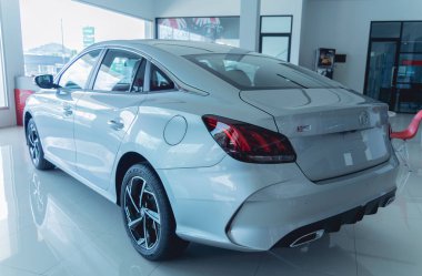 PHUKET, THAILAND - AUGUST 09, 2022: Cars in showroom of dealership MG Morris Garages.