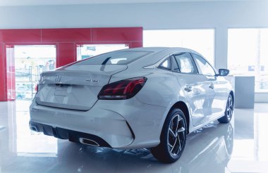 PHUKET, THAILAND - AUGUST 09, 2022: Cars in showroom of dealership MG Morris Garages.