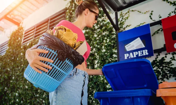 Young Beautiful Girl Throws Sorted Garbage Special Bins — Stok Foto
