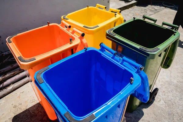 Four Different Container Sorting Plastic Paper Metal Glass Waste — Fotografia de Stock