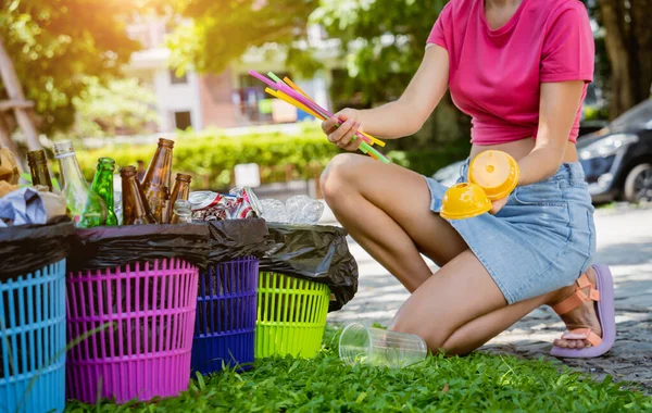 Young Beautiful Girl Sorts Garbage Special Bins — стоковое фото