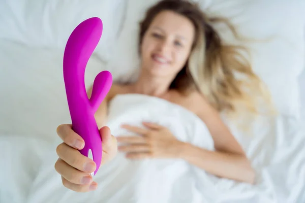 Young Sexy Woman Bed Holding Her Hands Sex Toy Adults — Stock Photo, Image
