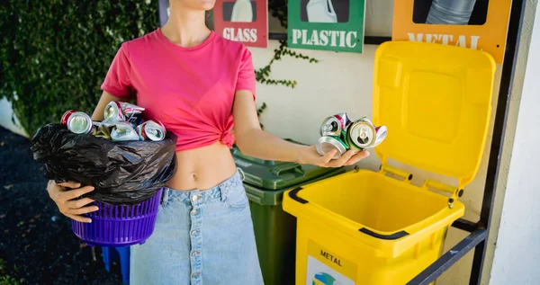 Young Beautiful Girl Throws Sorted Garbage Special Bins —  Fotos de Stock