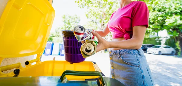 Young Beautiful Girl Throws Sorted Garbage Special Bins — Stockfoto