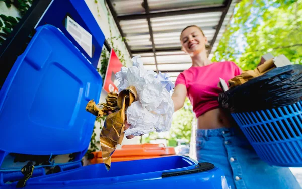 Young Beautiful Girl Throws Sorted Garbage Special Bins — Stock Fotó