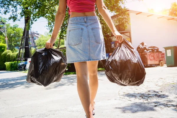 Young Beautiful Girl Throws Sorted Garbage Special Bins — 스톡 사진