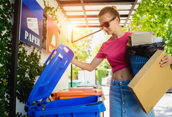 Young Beautiful Girl Throws Sorted Garbage Special Bins — Stock Photo, Image