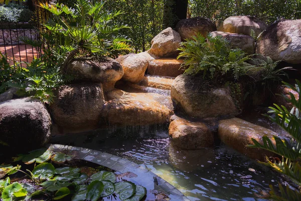 庭に石や緑の茂みと滝 — ストック写真