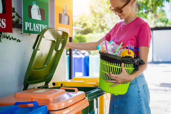 Young Beautiful Girl Throws Sorted Garbage Special Bins — Fotografia de Stock