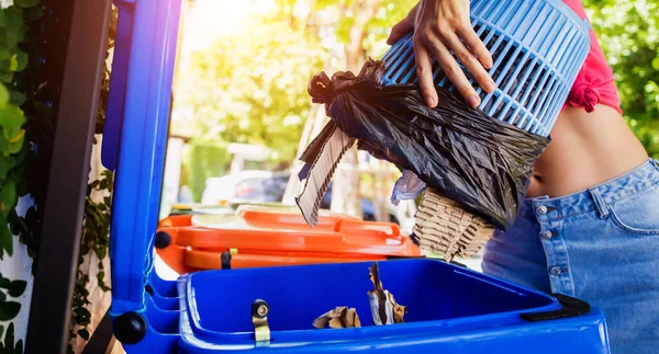 Young Beautiful Girl Throws Sorted Garbage Special Bins — стоковое фото