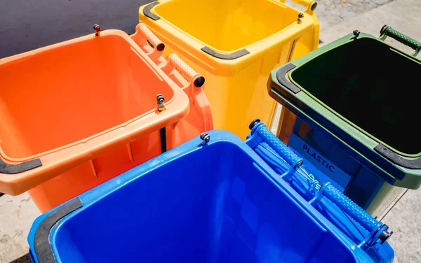 Four Different Container Sorting Plastic Paper Metal Glass Waste — Foto de Stock