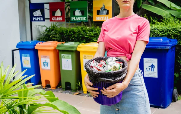 Young Beautiful Girl Throws Sorted Garbage Special Bins — Stok fotoğraf