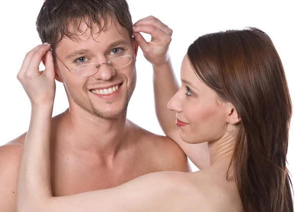 Young couple with glasses — Stock Photo, Image