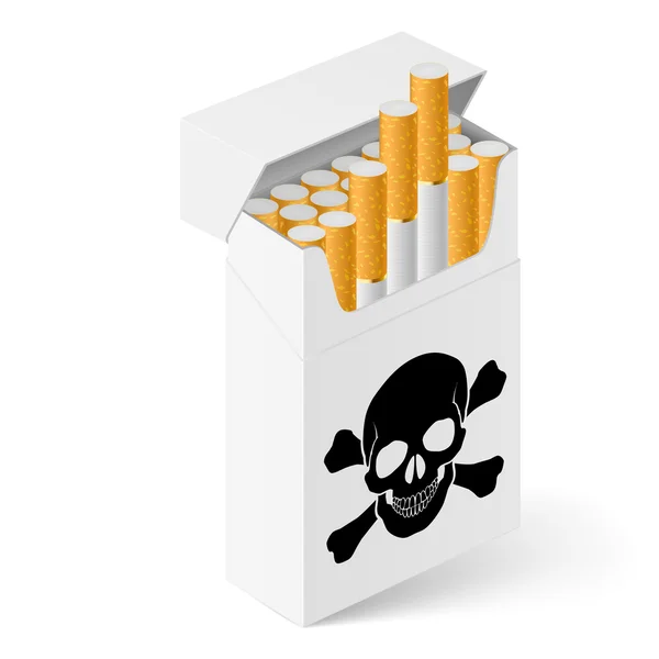 Pack blanco de cigarrillos con cráneo negro aislado sobre fondo blanco con cráneos negros — Vector de stock