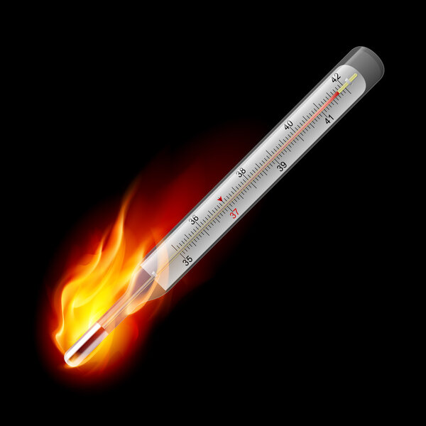 Burning thermometer on a white background for design