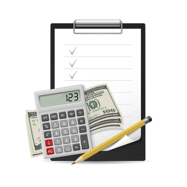 Dollar, Schein und Stift, klassische Bürouhr und Taschenrechner auf weißem Hintergrund — Stockvektor