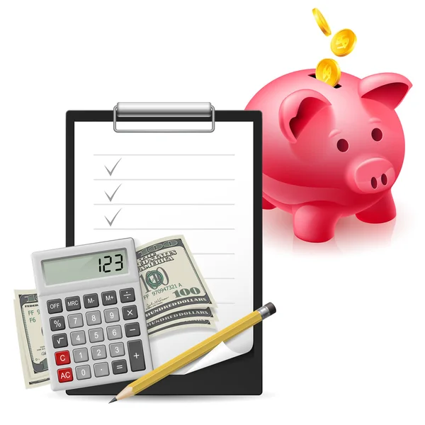 Big pink pig bank, Dollars, Note and Pen, Classic Office Clock and Calculator on a white background — Stock Vector