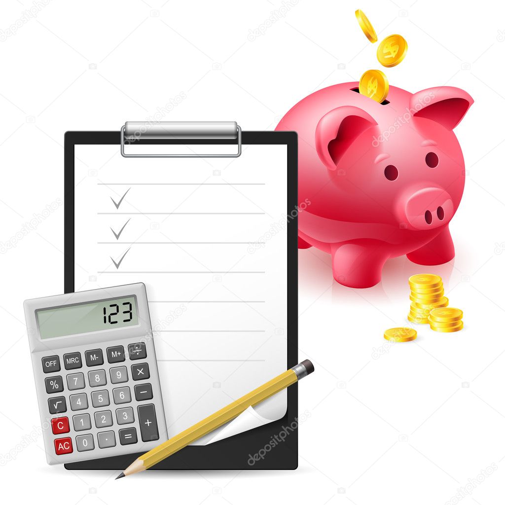 Big pink pig bank, Dollars, Note and Pen, Classic Office Clock and Calculator on a white background