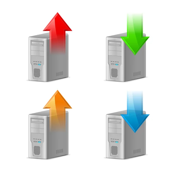 Conjunto de ícones de computador com upload e download de setas — Vetor de Stock