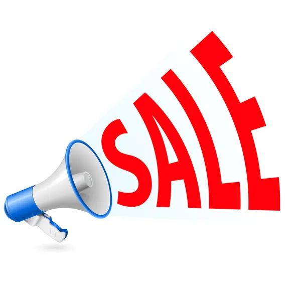 Illustrazione della parola relativa alla vendita e alla promozione che esce dal megafono — Vettoriale Stock