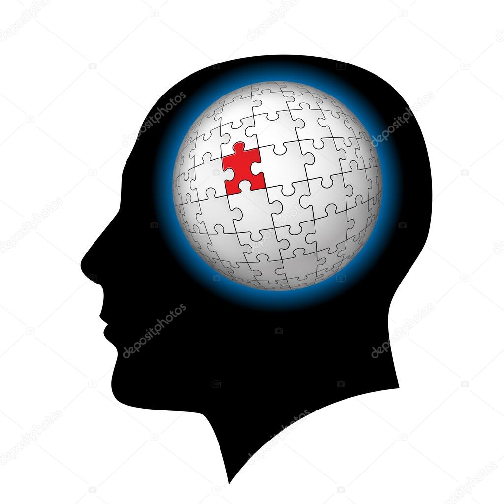 The man with puzzle sphere in the head. Illustration on white background