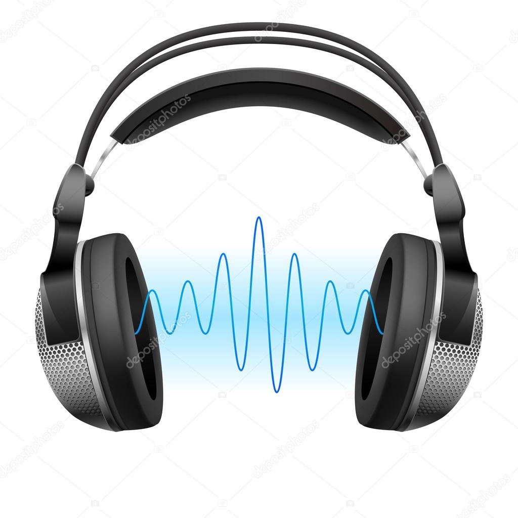 Raster version. Realistic headphones and music wave. Illustration on white background