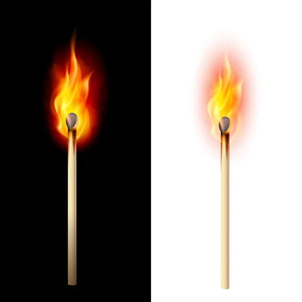 Realistic burning match on white and black background — Stock Vector