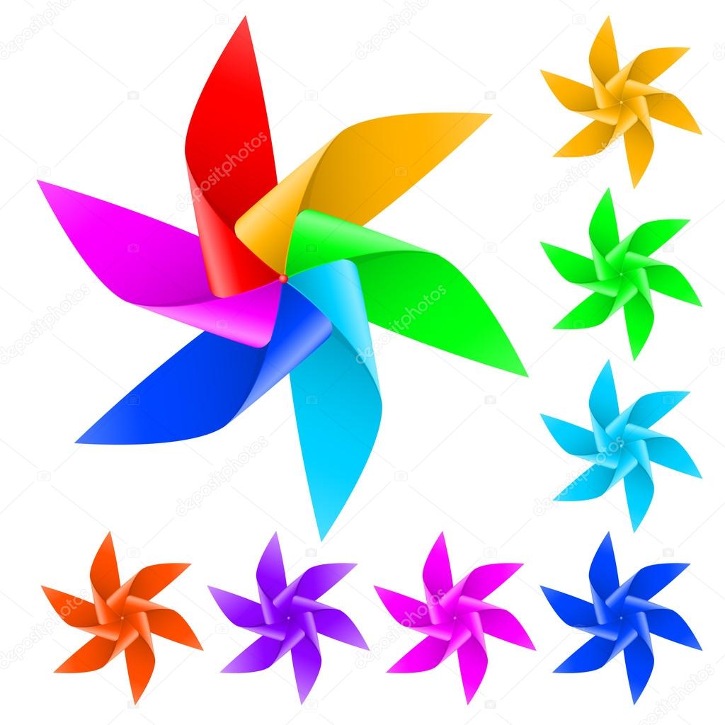 Children's toy windmill propeller with multicolored blades on a white background