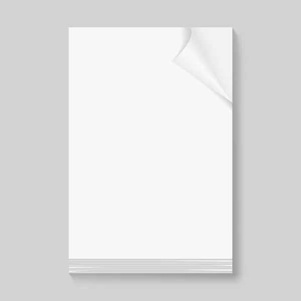 Montón de papeles en blanco con esquina plegable en la portada sobre fondo gris . — Vector de stock