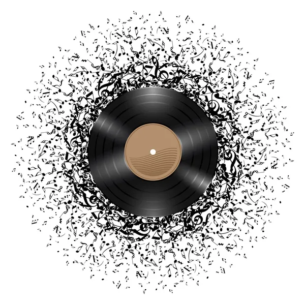 Disco de vinilo con notas musicales . — Vector de stock