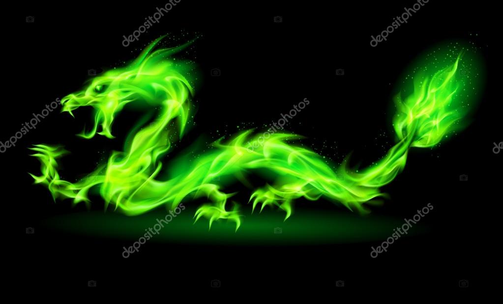 Download Fire Chinese dragon in green on black background. — Illustration