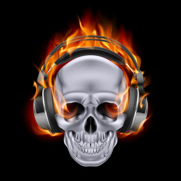 Calavera llameante en auriculares . — Vector de stock