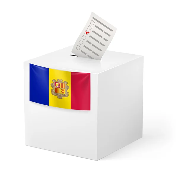 Caja de votación con papeleta de votación. Andorra — Vector de stock