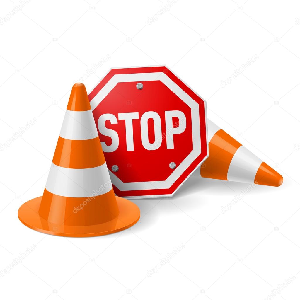 Traffic cones and red stop sign