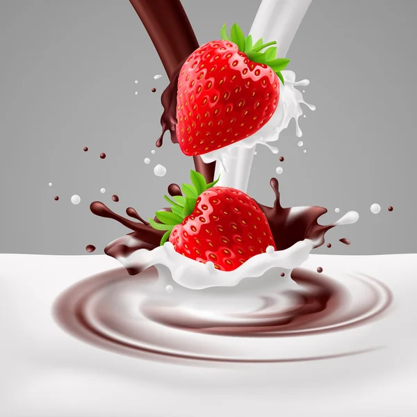 Strawberries with milk and chocolate — Stock Vector