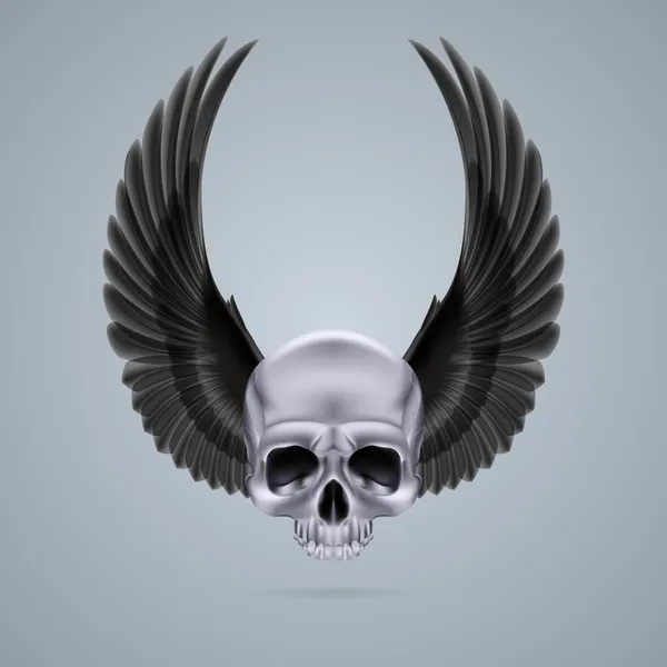 Metal chrome skull with two wings up — Stock Vector