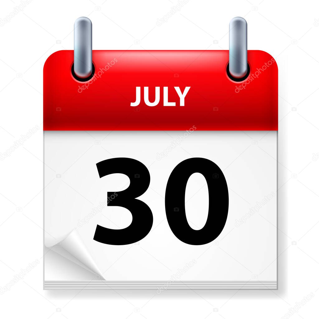 Thirtieth July in Calendar icon on white background