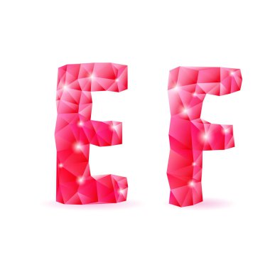 parlak, ruby, poligonal font. Kristal stil e ve f harfleri