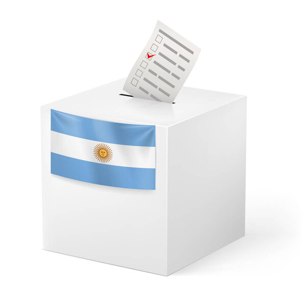 Выборы в Аргентине: избирательная урна с избирательным бюллетенем на белом фоне

