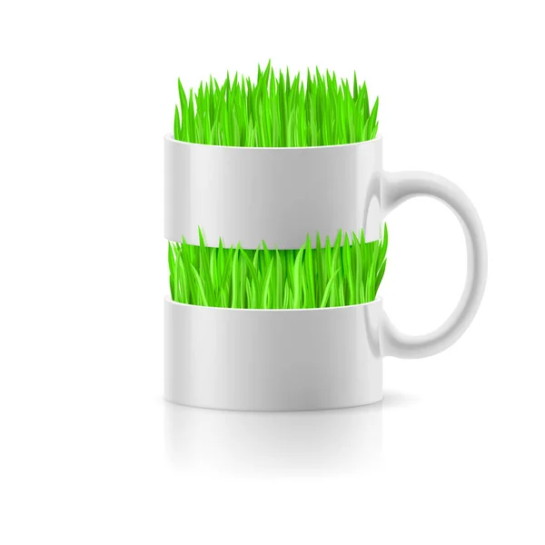 Taza Blanca Con Dos Inserciones Hierba Verde Sobre Fondo Blanco — Vector de stock