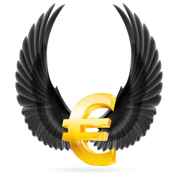 Golden Euro Symbol Black Raised Wings — Stock Vector