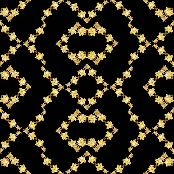 Seamless Golden Floral Patterns Black Background — Stock Vector